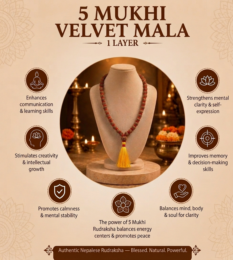 5 Mukhi Nepali Rudraksha Single Layer Velvet Mala GGTL