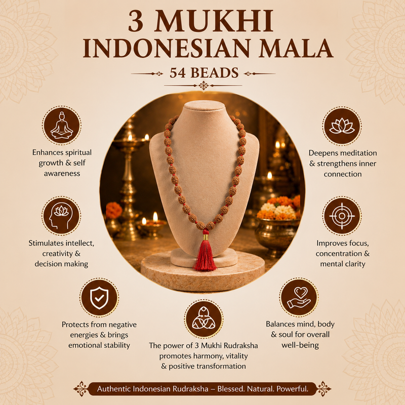 3 Mukhi Indonesian Rudraksha Beaded Mala