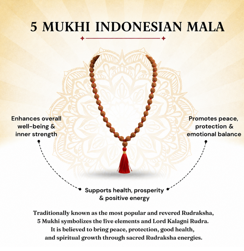 5 Mukhi Indonesian Rudraksha 108 Bead Mala