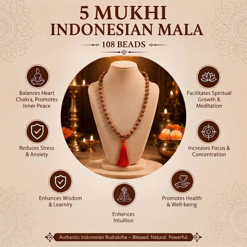 5 Mukhi Indonesian Rudraksha 108 Bead Mala