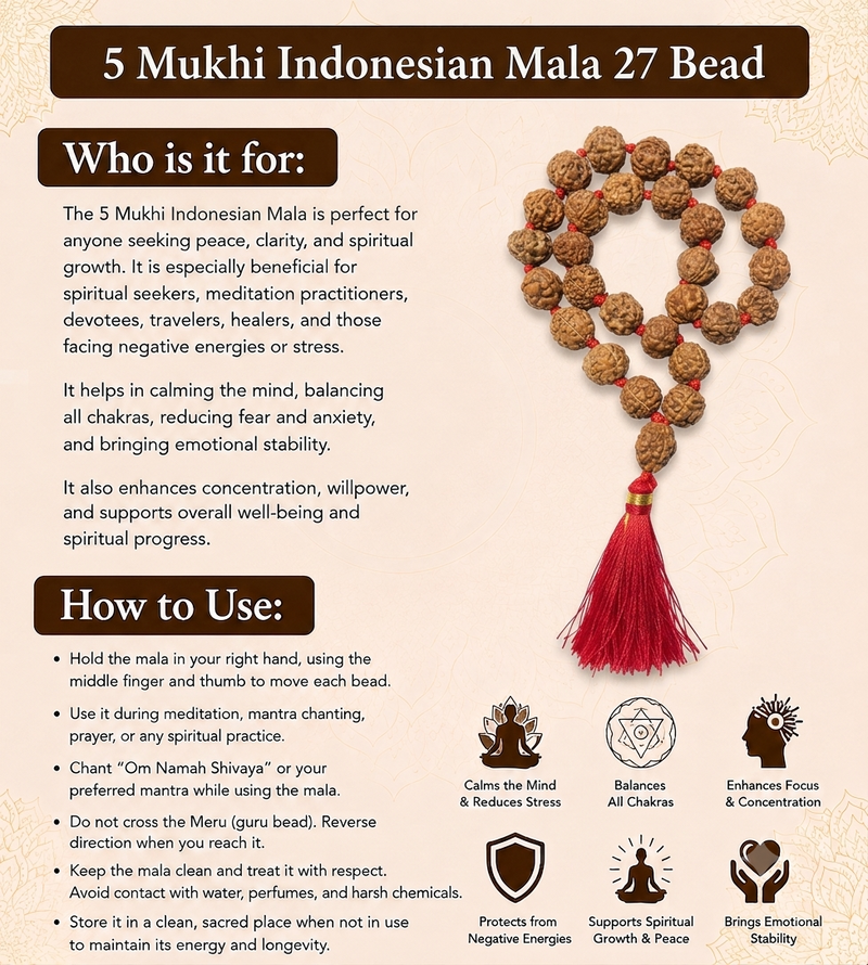 5 Mukhi Indonesian 27 Bead Japa Mala  for Chanting & Peace