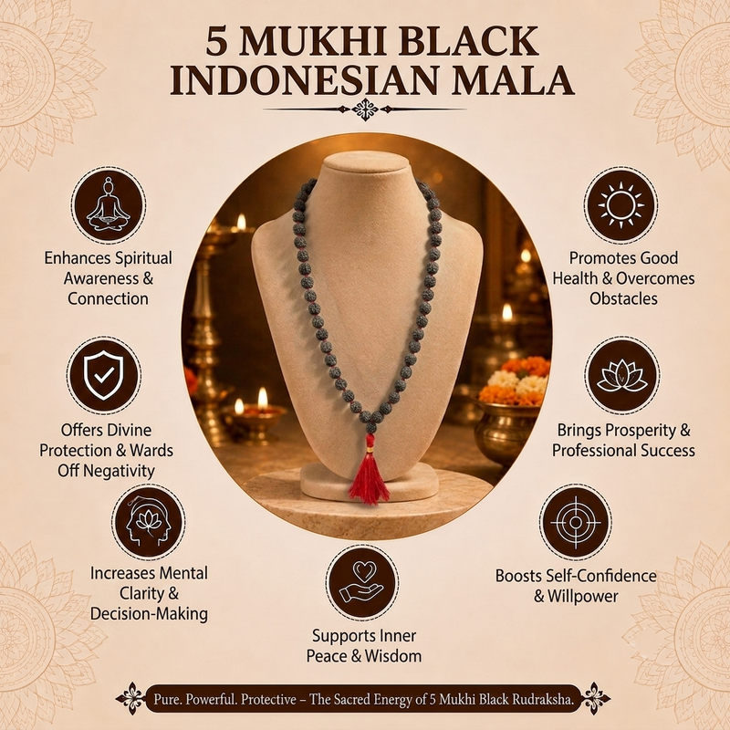 5 Mukhi Indonesian Black Rudraksha Mala in Red Thread