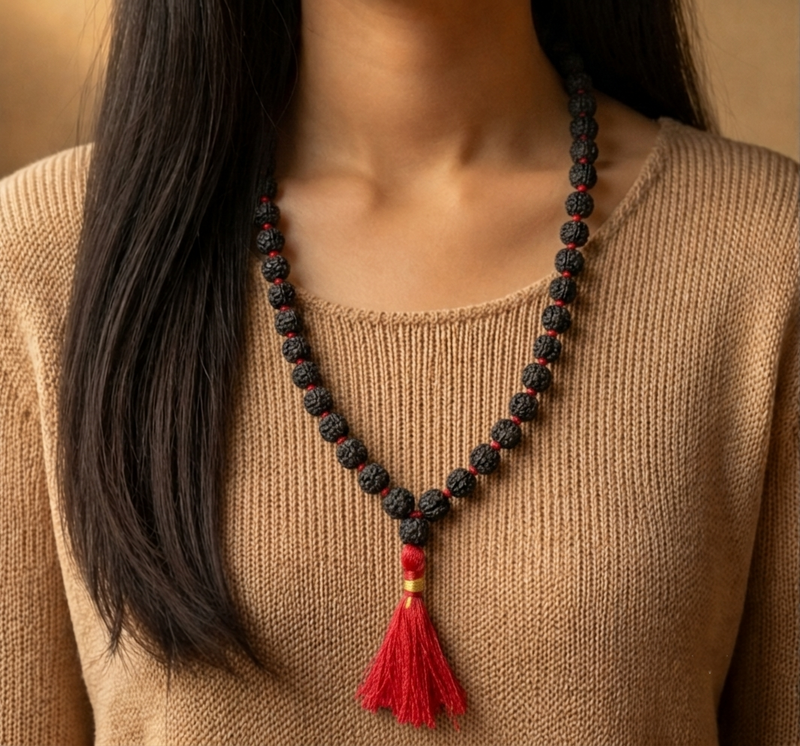 5 Mukhi Indonesian Black Rudraksha Mala in Red Thread